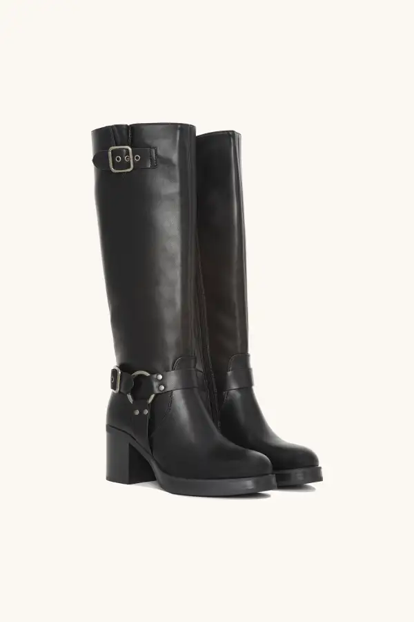 Refined Buckle Block Heel Riding Boots