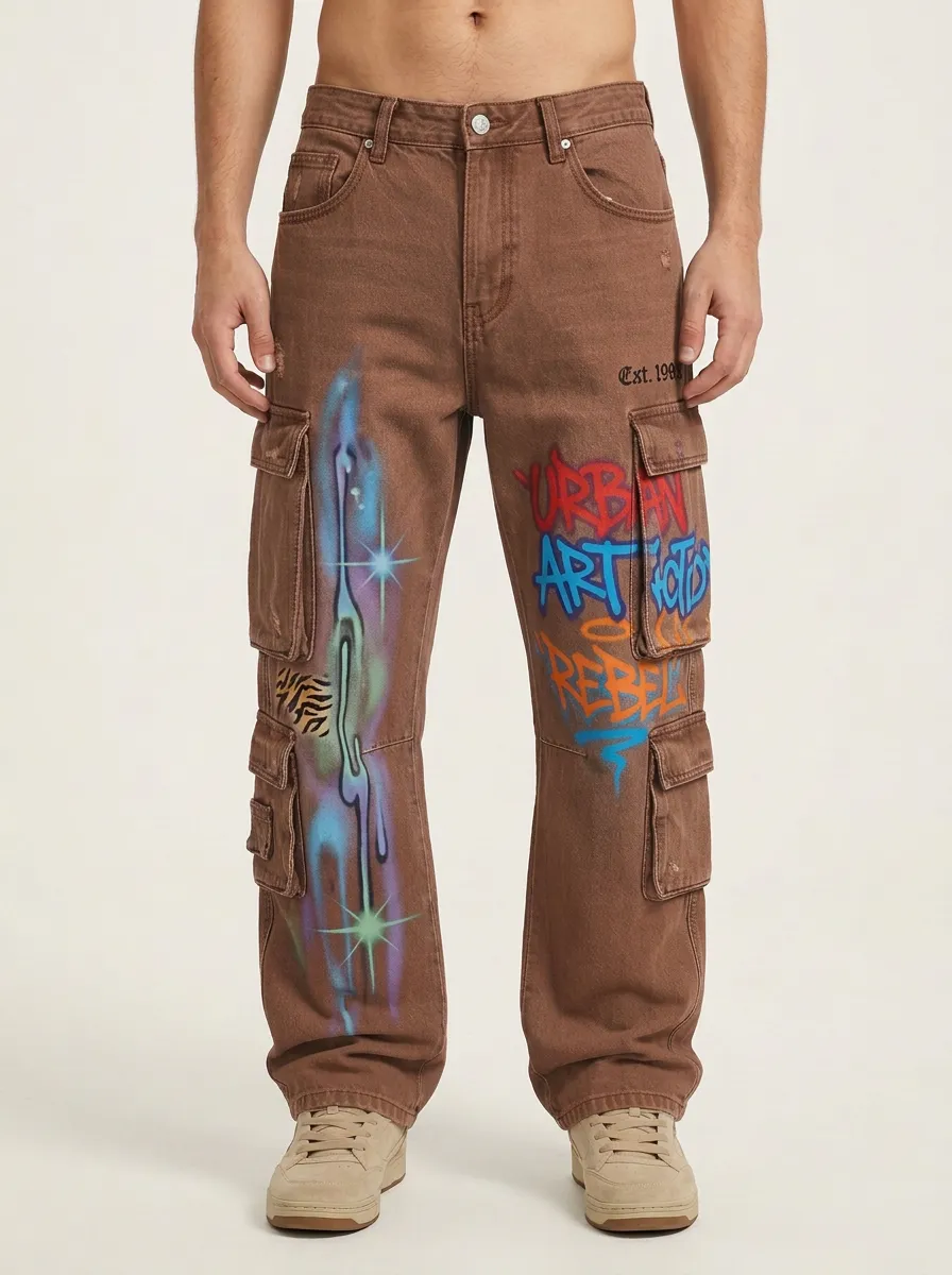 Men's Streetwear Graffiti Art Star Print Cargo Jeans