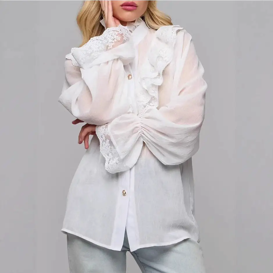 Refined Lace Trimmed Long Sleeve Shirt