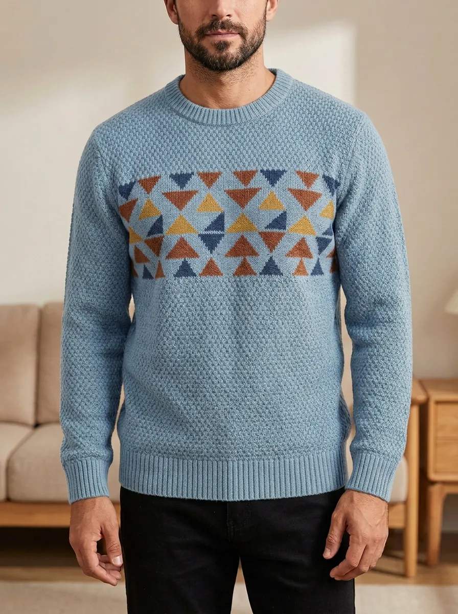 Men's Geometric Textured Knit Crewneck Sweater