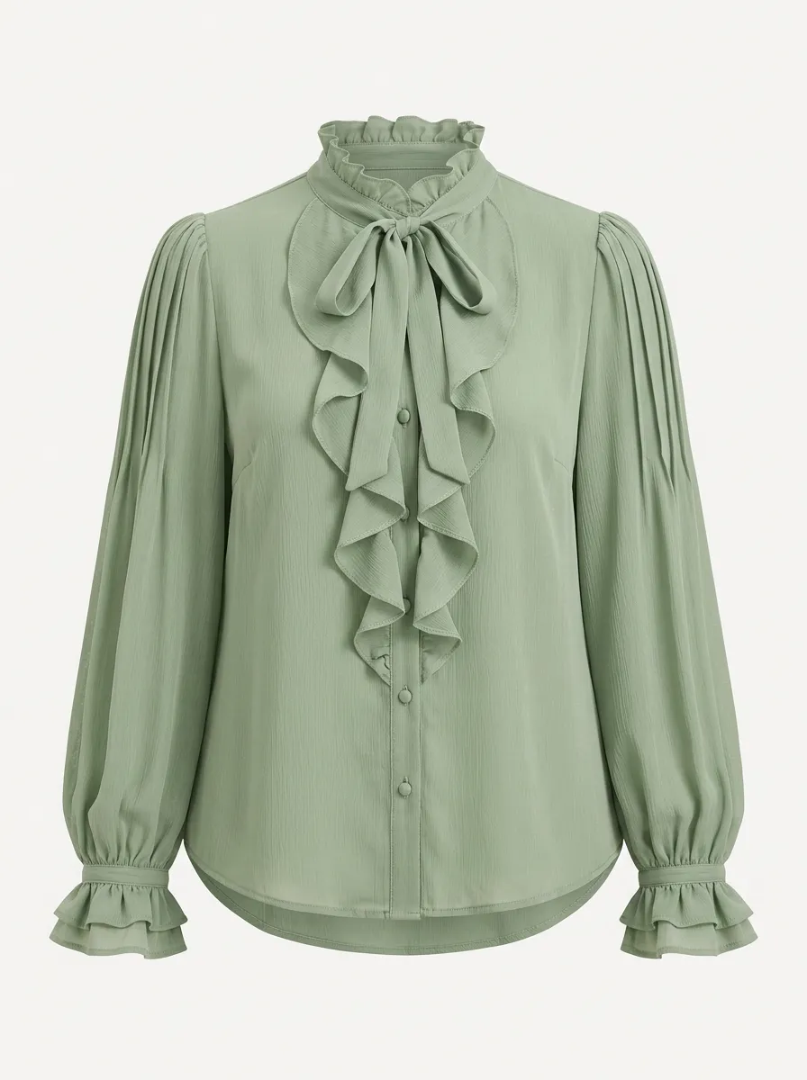 Women's Sage Green Ruffle Bow Tie Pleated Long Sleeve Blouse