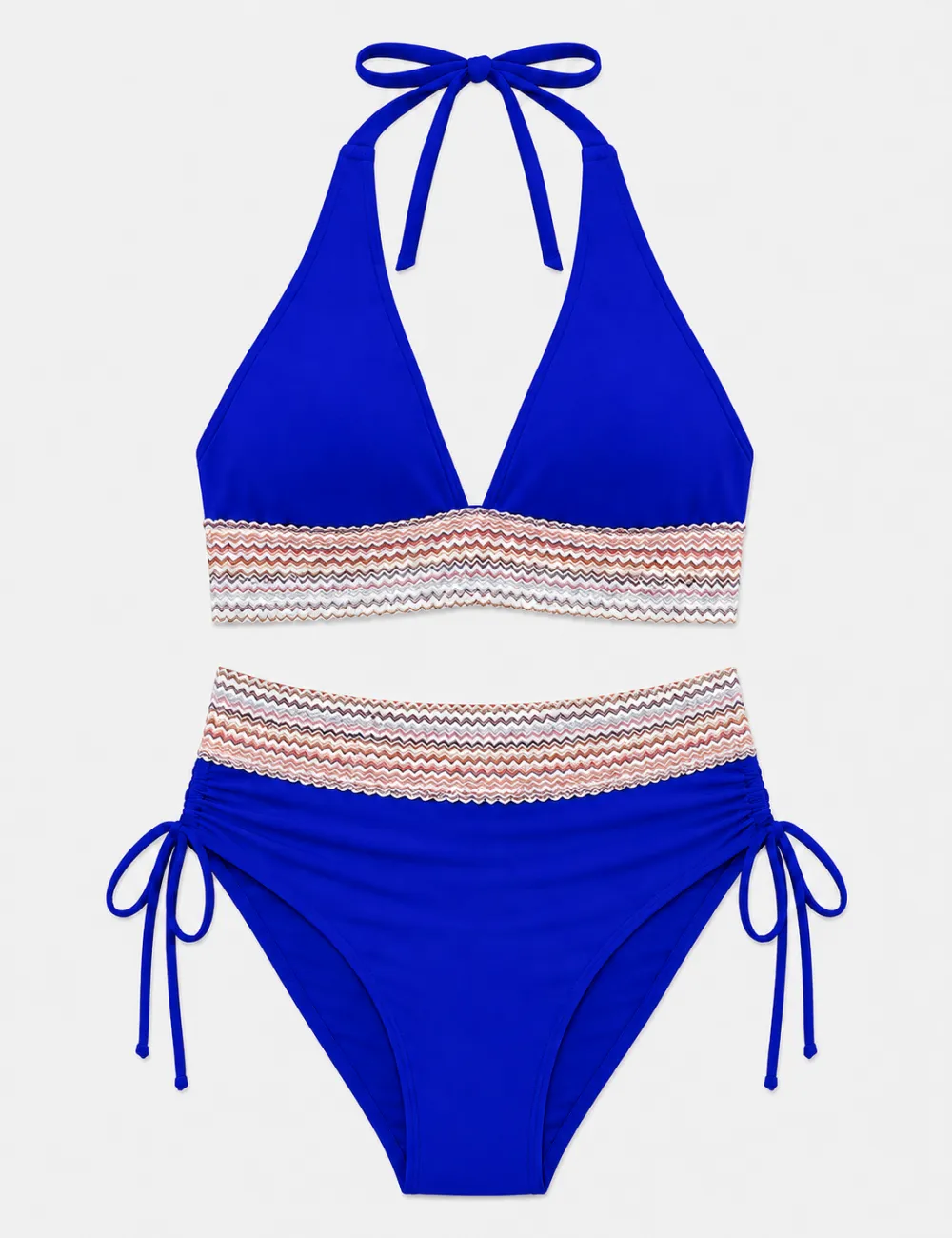 Deep V Neck Colorful Zigzag Smocked Trim Bikini Set