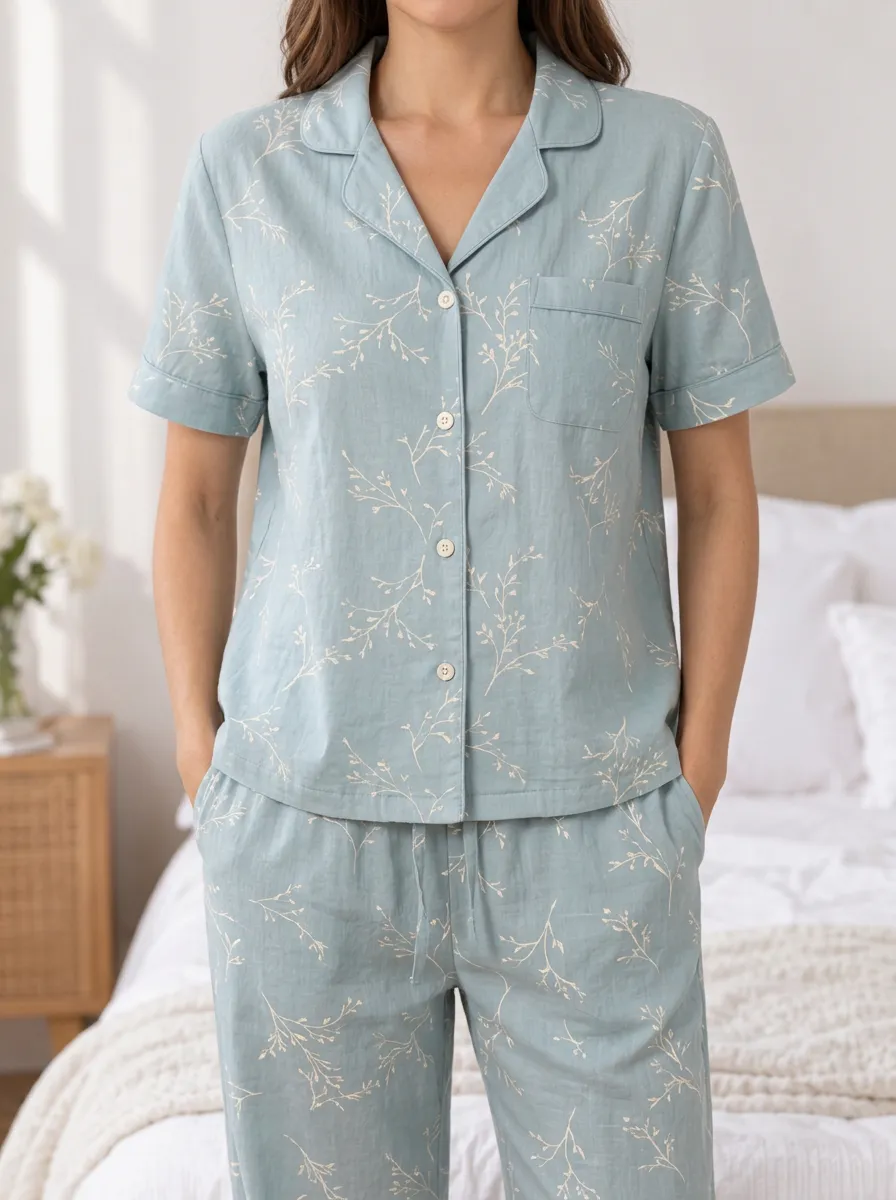 Women's Botanical Notched Collar Button Front Short Sleeve Pajama Set