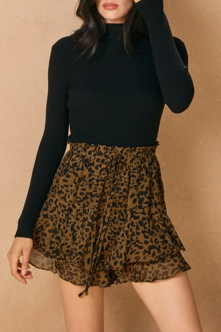 Leopard Print Flared Ruffle Mini Skirt