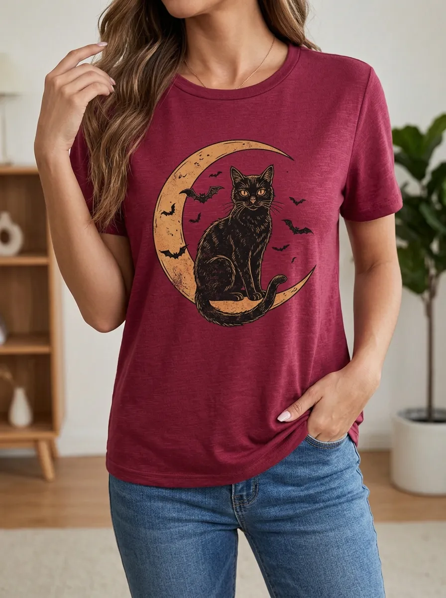 Women's Halloween Cat Lover Crescent Moon Bats Printed T-shirt
