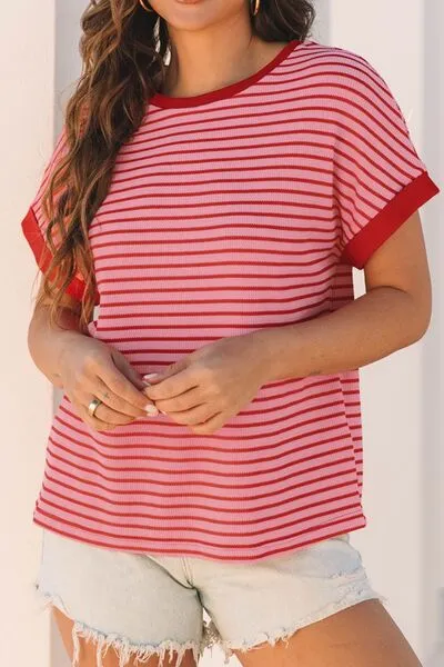 Round-Neck Short-Sleeve Contrast Striped T-Shirt