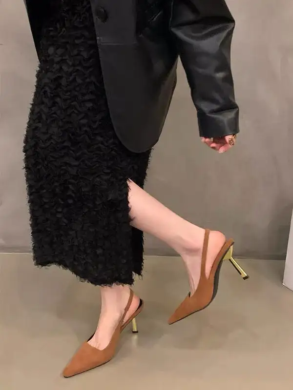 Cutout Pointed-Toe Panel Detail Slingback Rubber Sole Heeled Sandals