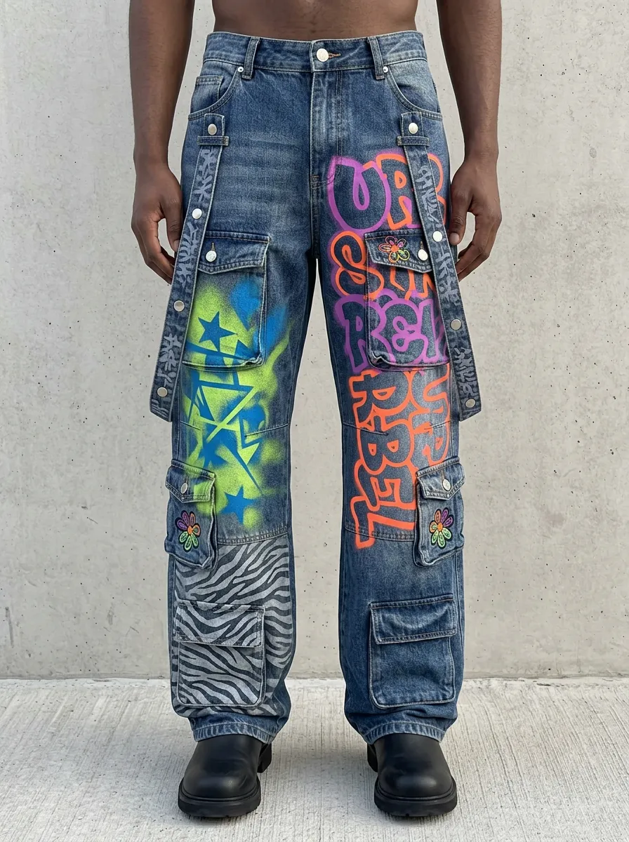 Men's Streetwear Graffiti Star Zebra Graphic Cargo Jeans
