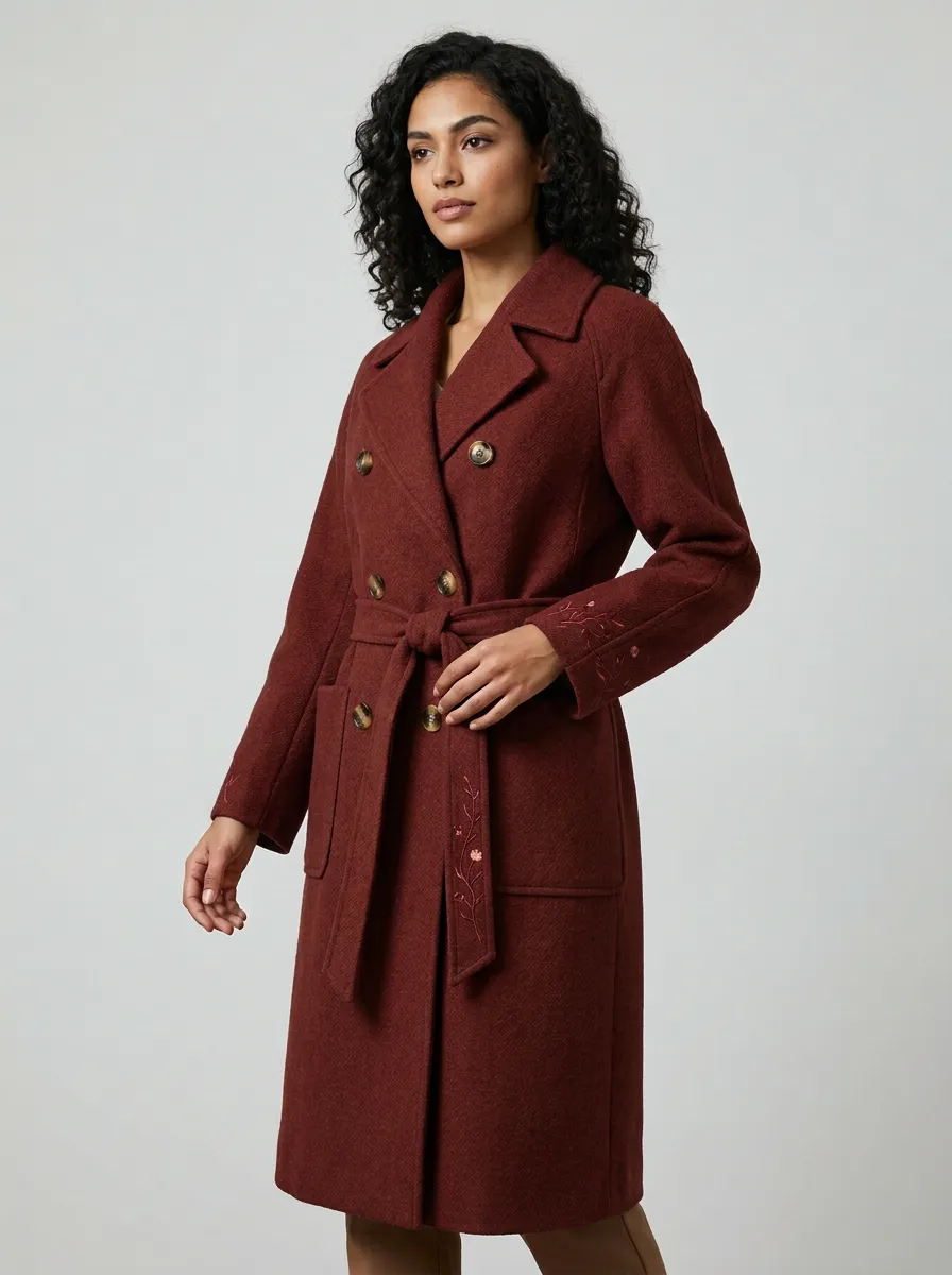 Women's Floral Embroidered Brown Double-Breasted Wool Coat