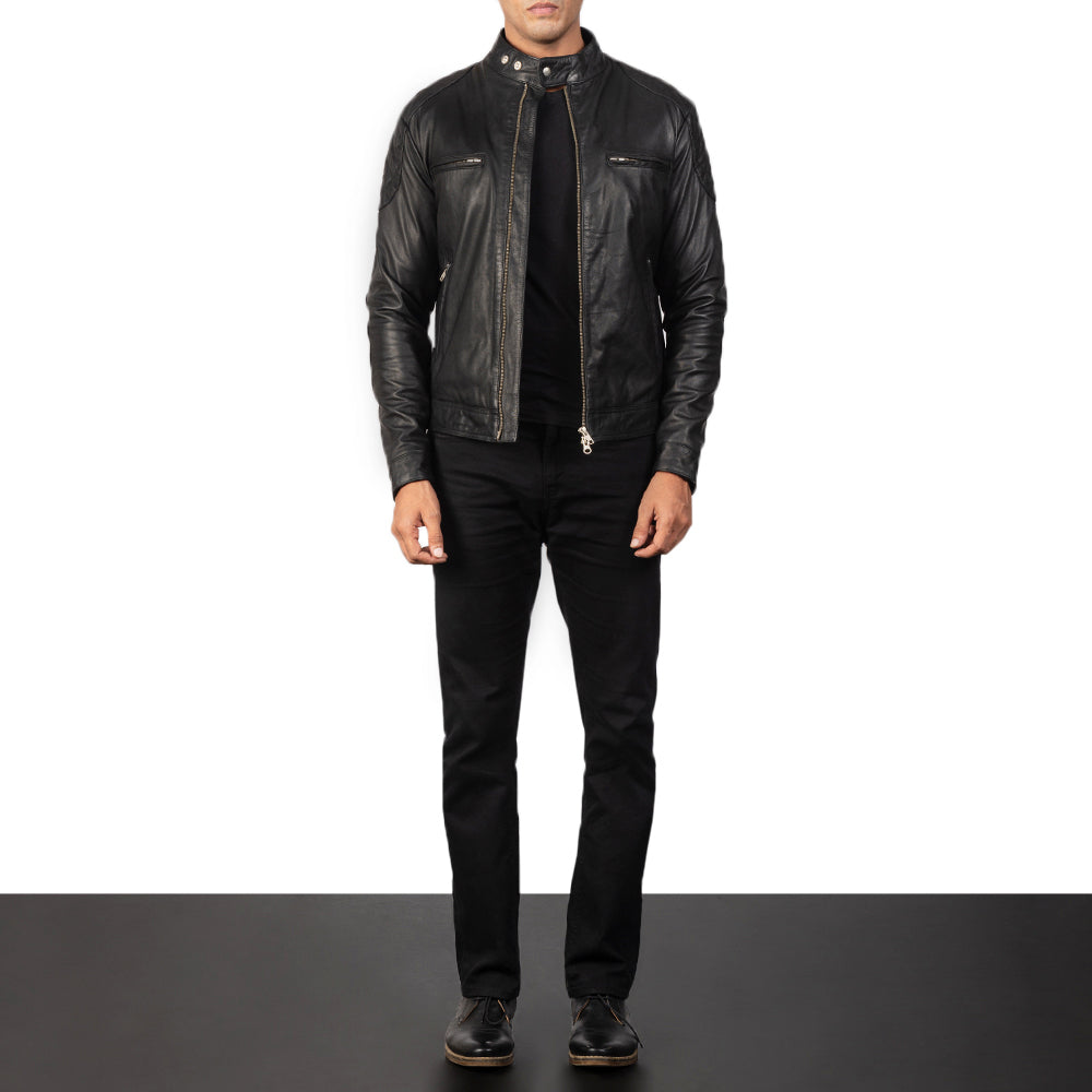 Men's Tonal Detail Biker Leather Jacket