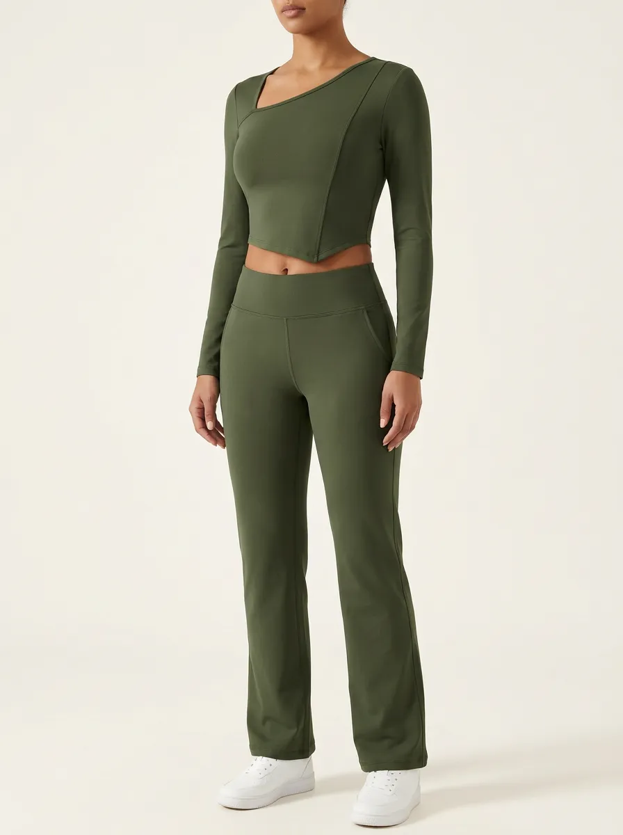 Women's Asymmetric Cutout Crop Top and Flare Pant Set