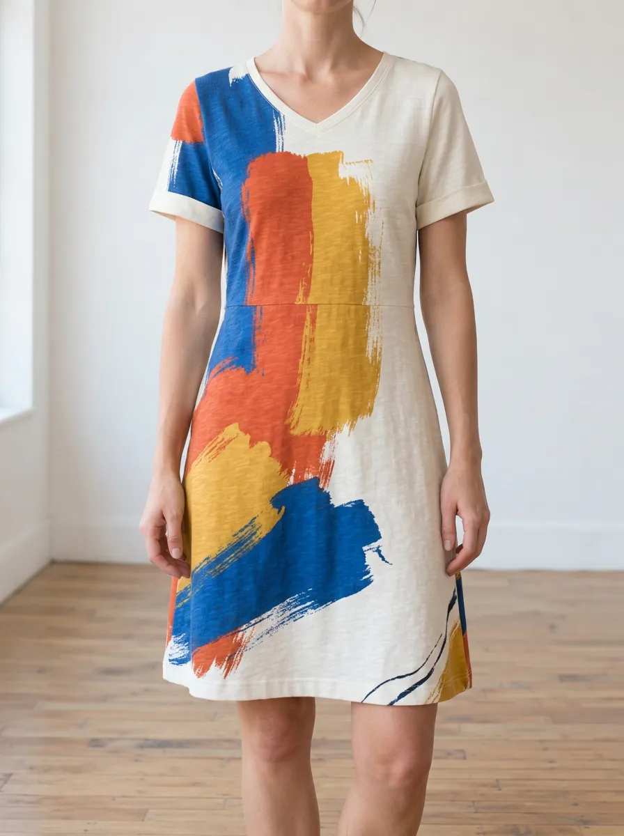 Women's Brushstroke Print V-Neck T-Shirt Dress