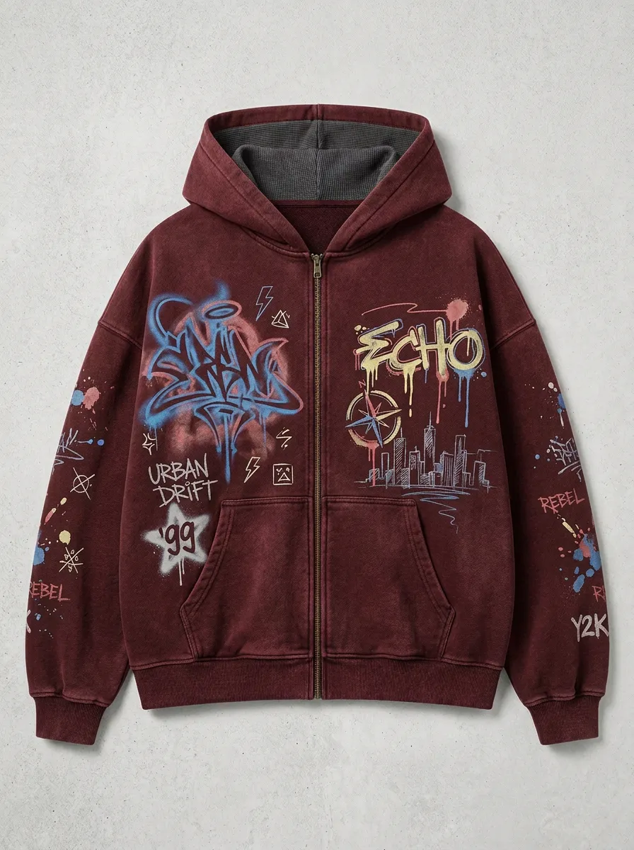 Unisex Streetwear Y2K Graffiti Echo Urban Drift Printed Zip-up Hoodie