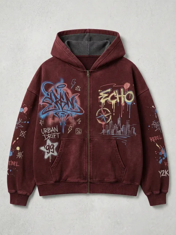 Unisex Streetwear Y2K Graffiti Echo Urban Drift Printed Zip-up Hoodie