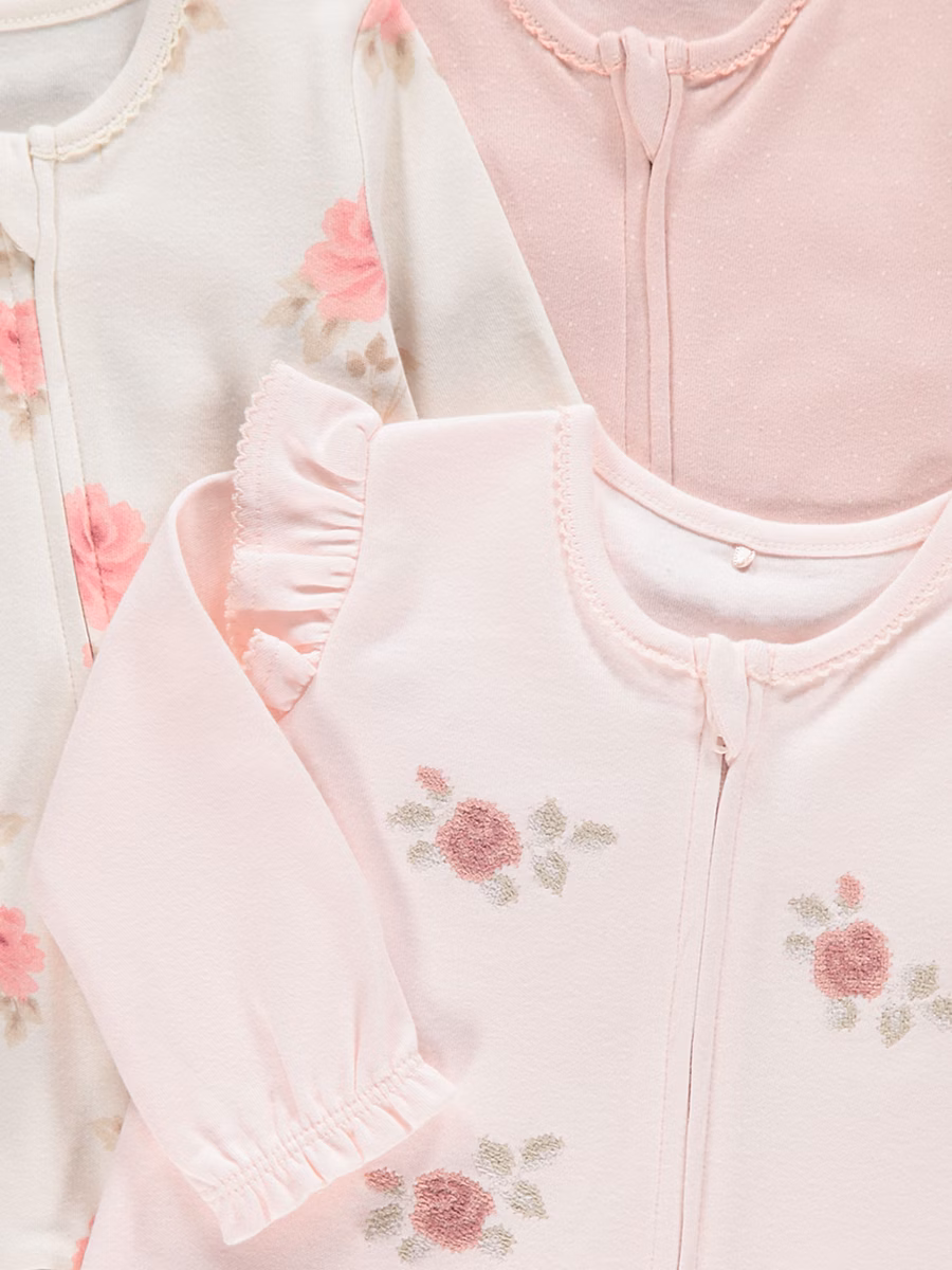 Pink Rose Zip Fasten Sleepsuits 3 Pack detail 1