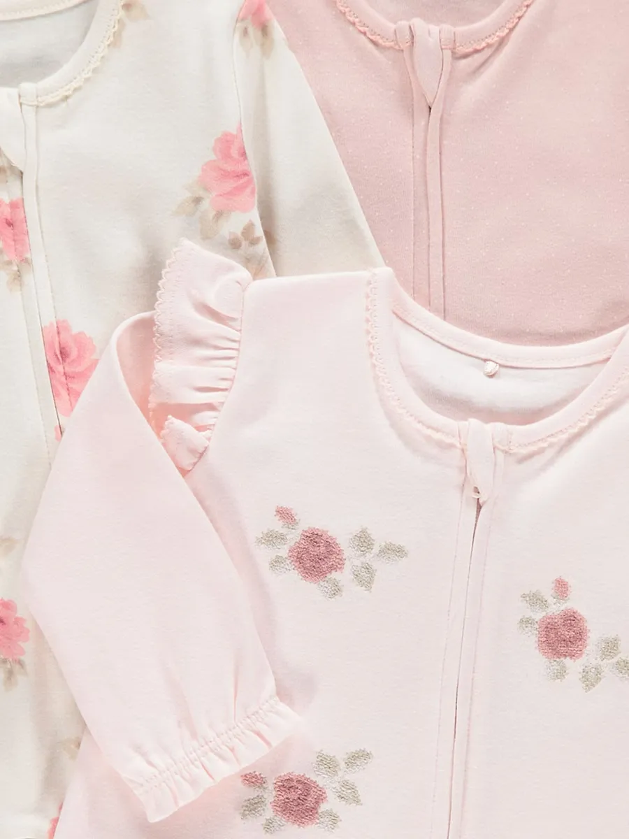 Pink Rose Zip Fasten Sleepsuits 3 Pack