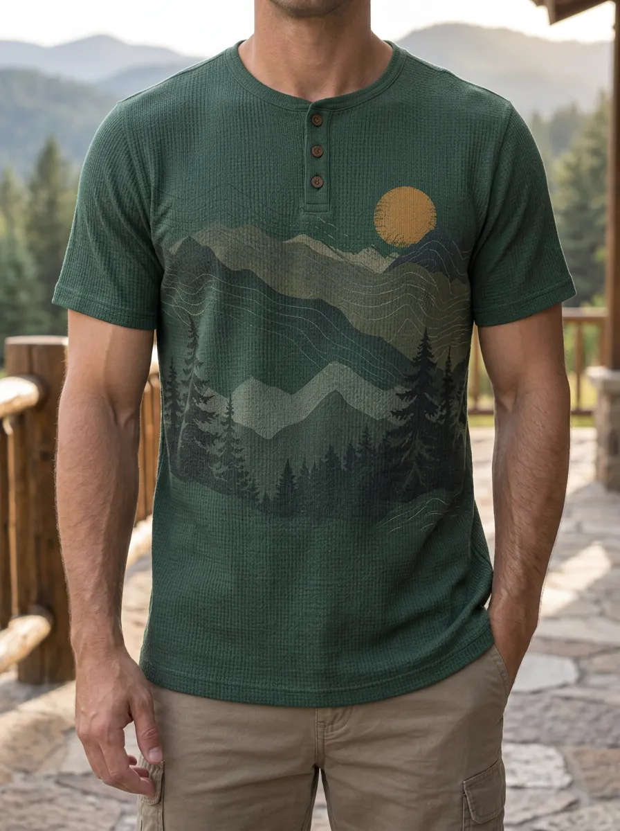 Men's Minimal Nature Lover Mountain Forest Sun Henley T-Shirt