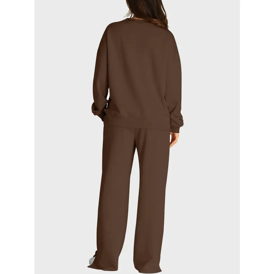 Round Neck Long Sleeve Top and Slit Pants Set