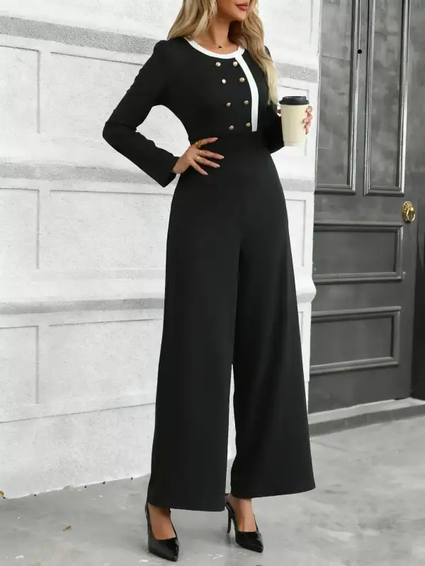 Button Decor Long Sleeve Wide Leg Jumpsuit