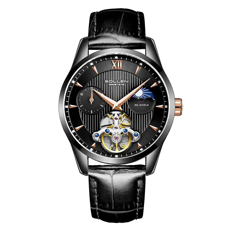 Sollen SL302 Men's Open Heart Automatic Mechanical Watch - 41mm Stainless Steel Case Moon Phase Dual Time Sunburst Dial Wristwatch