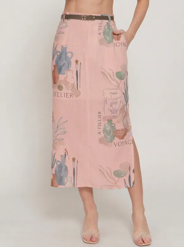 Women's Art Studio Lover Pottery Brush Printed Midi Skirt