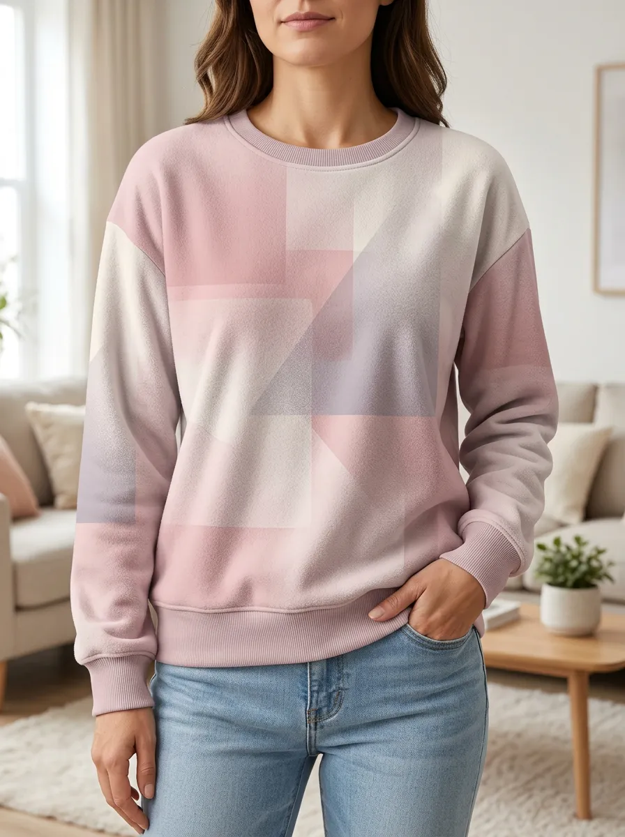 Women's Geometric Pastel Pink Abstract Printed Fleece Sweatshirt