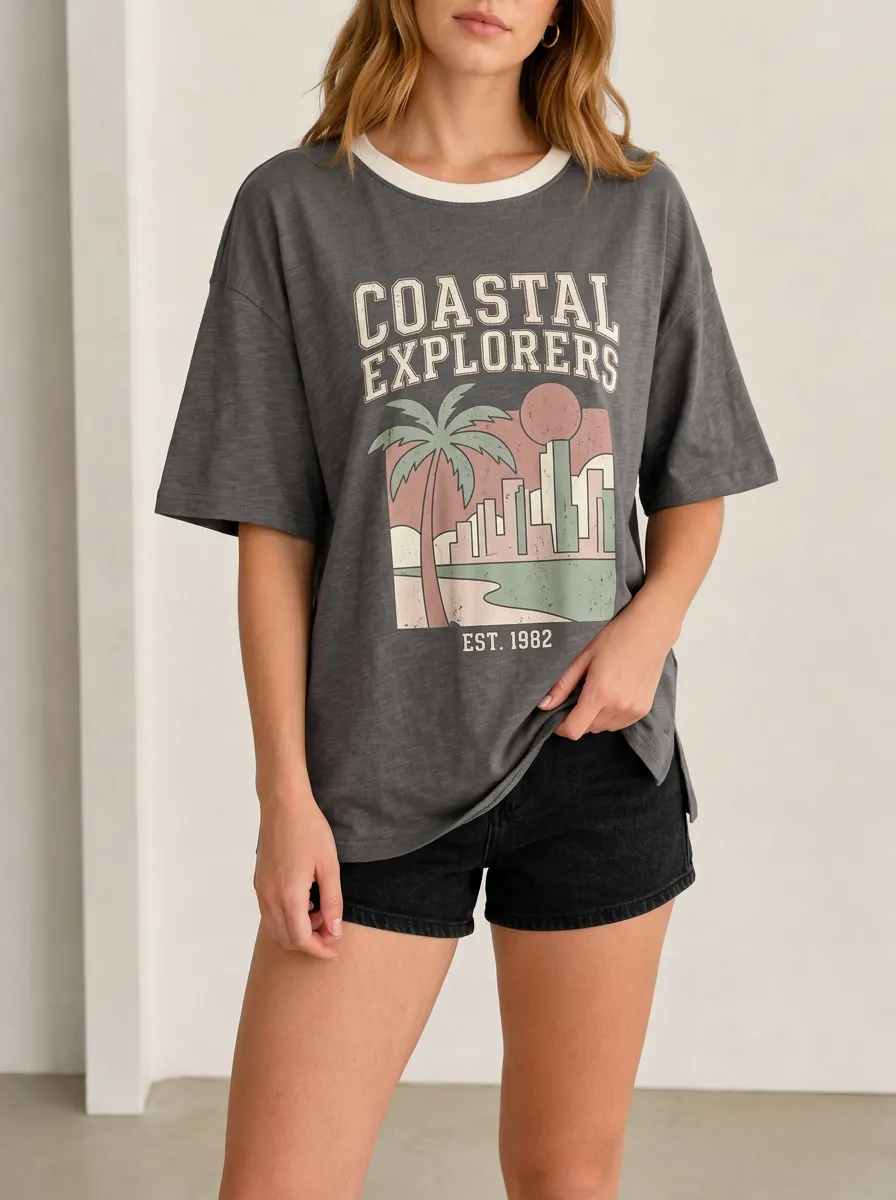 Women's Coastal Explorers Palm Tree Cityscape Printed T-shirt