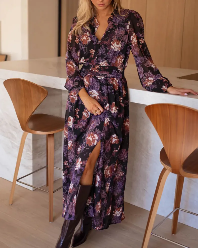 V-Neck Floral Maxi Soft Drape Dress