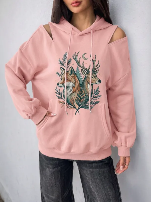 Women's Nature Fox Deer Forest Graphic Cold-Shoulder Hoodie
