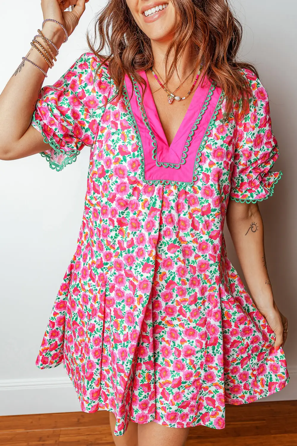Structured Shape Floral Patchwork V Neck Mini Dress