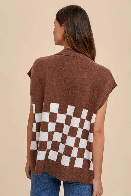 Short Sleeve Button Down Checkered Ribbed Knit Cardigan