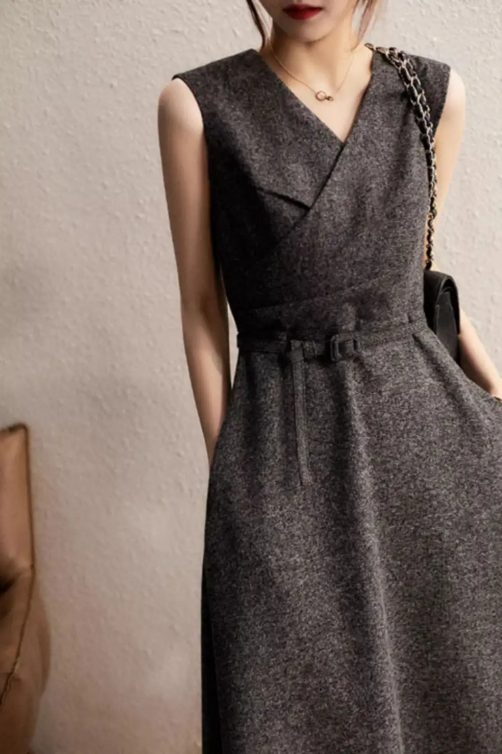 Wool Blend Sleeveless Midi Dress