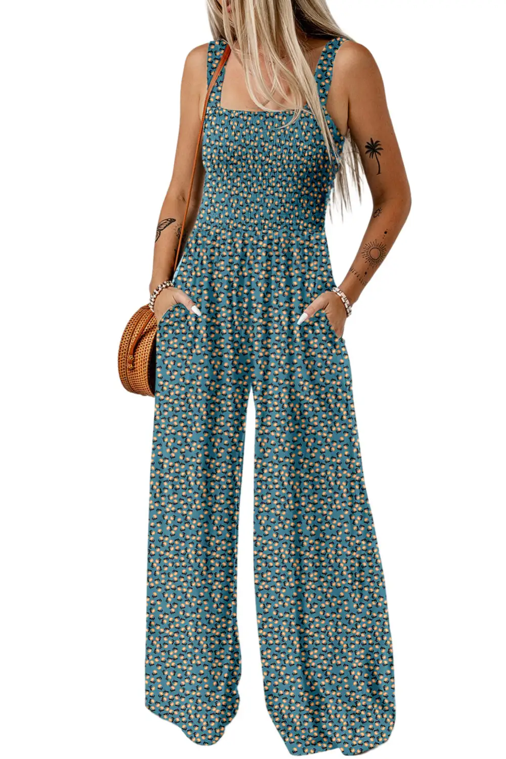 Floral Square Neckline Stretch High Waist Jumpsuit