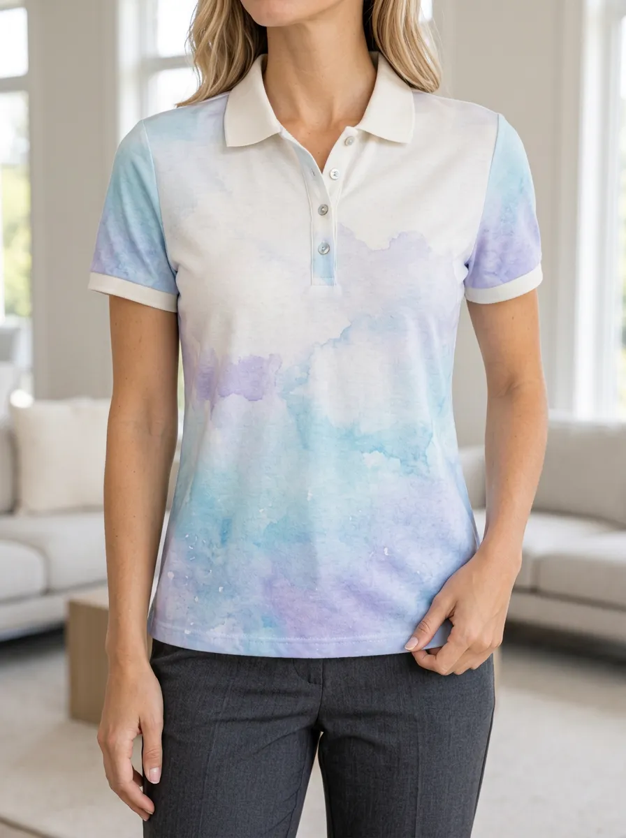 Women's Blue Purple Watercolor Printed Polo Shirt