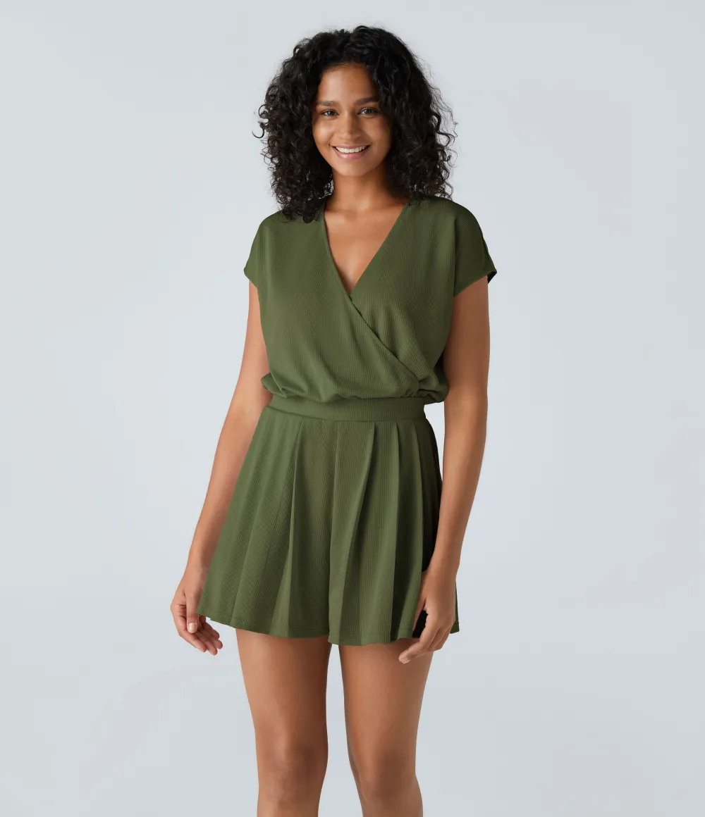 V Neck Short Sleeve Pocket Waffle Casual Romper