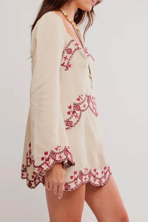 Women's Beige Embroidered Long Sleeve Mini Dress