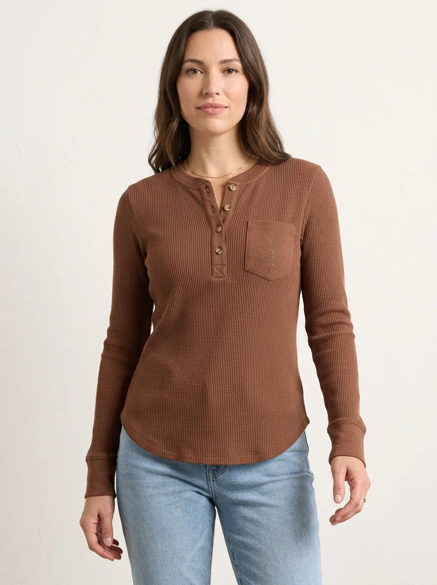 Women's Nature Lover Leaf Pocket Printed Henley Shirt