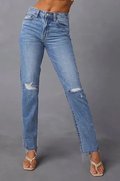 Raw-Hem Distressed Washed Pocketed Straight Leg Jeans