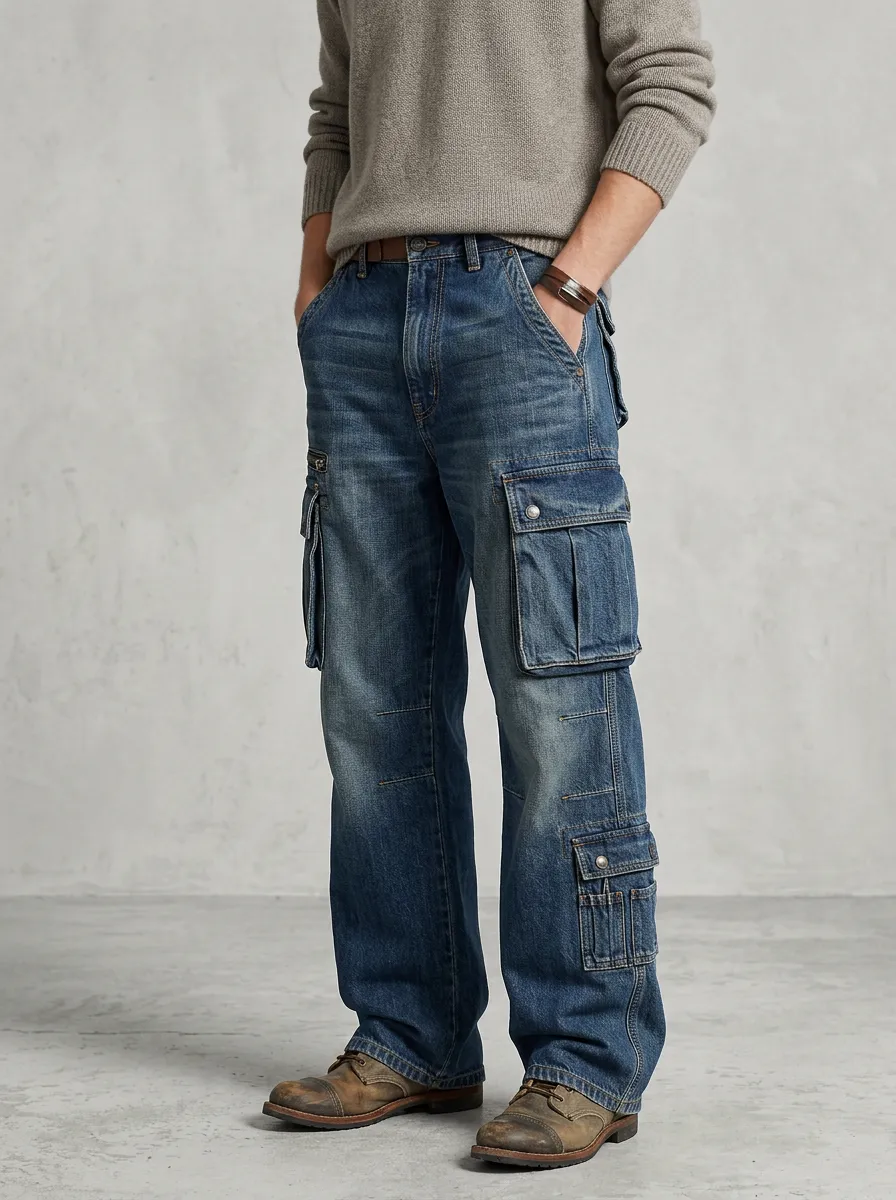 Men's Vintage Wash Multi-Pocket Denim Cargo Jeans