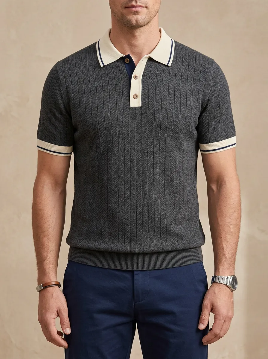 Men's Vintage Ribbed Knit Contrast Collar Polo Shirt