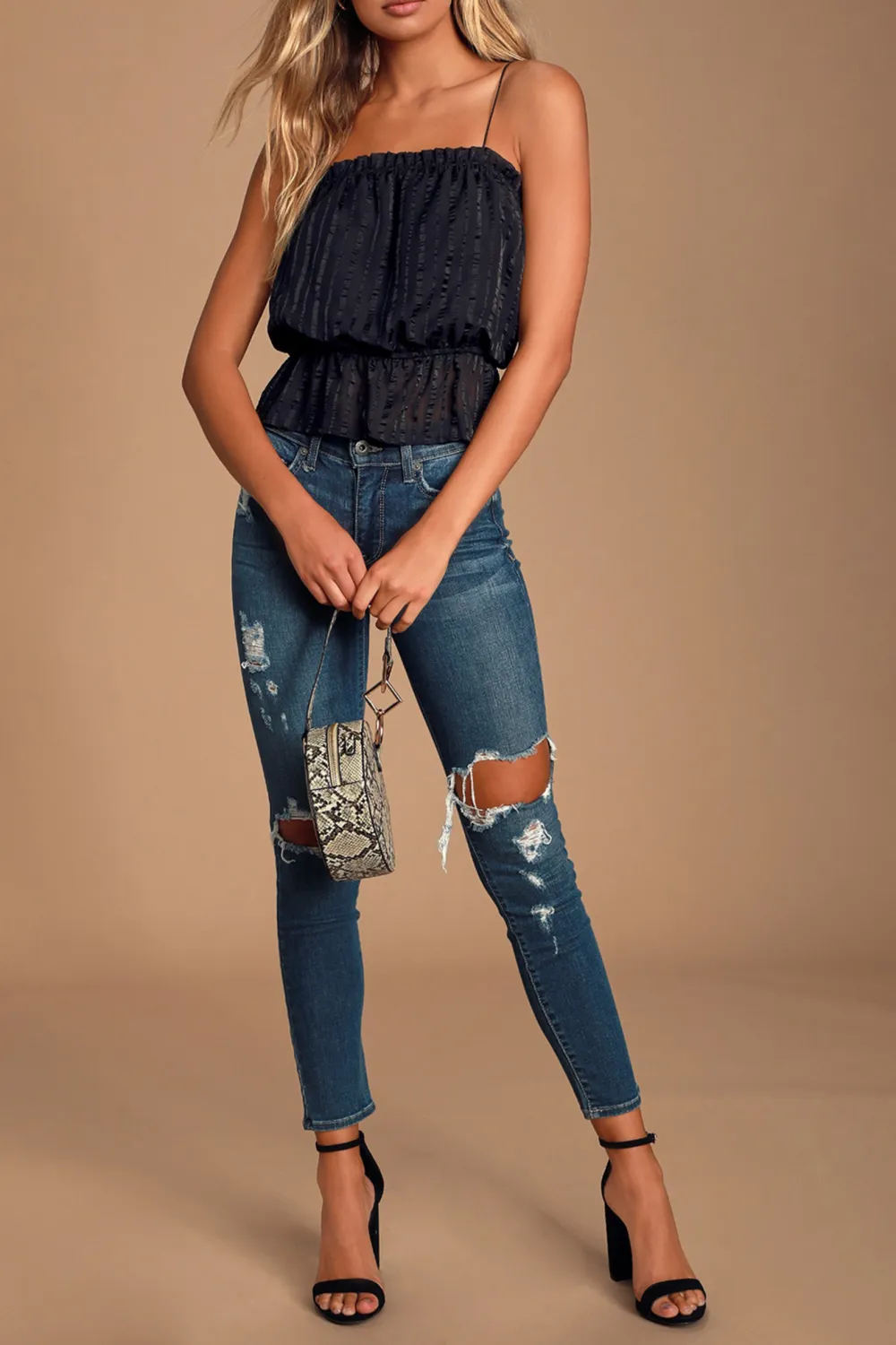 Casual Style Black Striped Ruffled Crop Top
