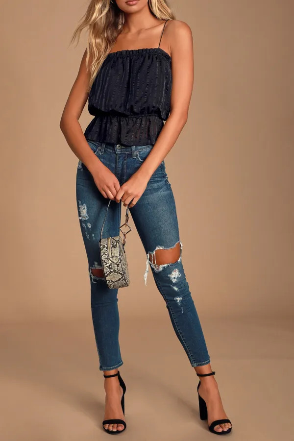 Casual Style Black Striped Ruffled Crop Top