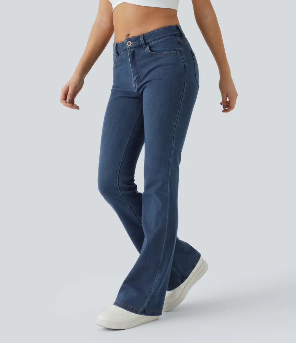 Magic Mid Rise Button Pockets Stretchy Knit Casual Bootcut Jeans