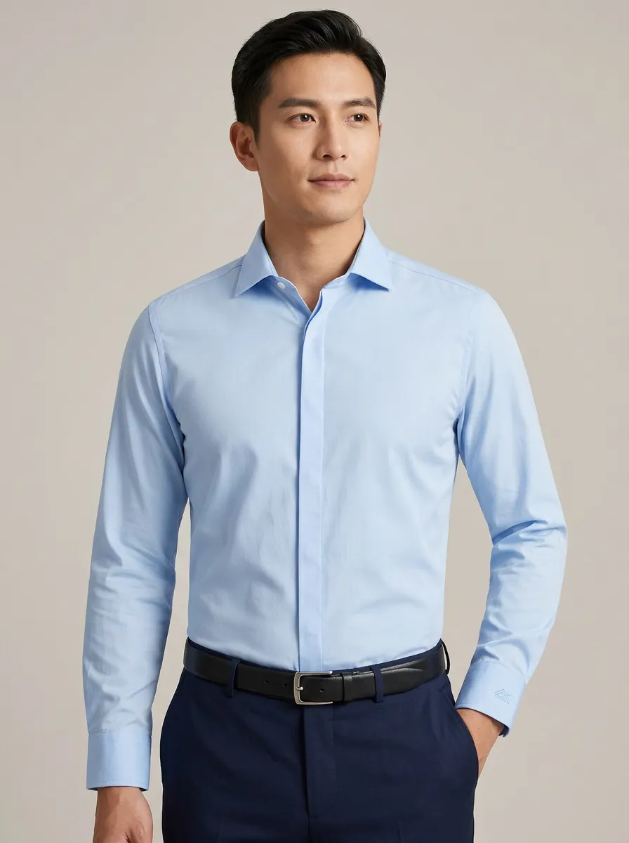 Men's Non-Iron Cotton Light Blue Long Sleeve Dress Shirt