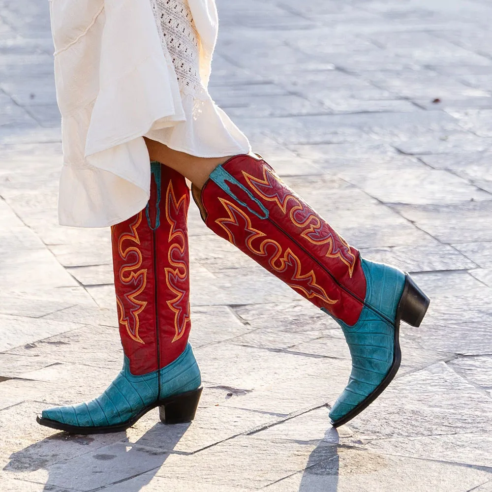Faux-Leather Crocodile-Embossed Embroidered Snip-Toe Mid-Calf Boots