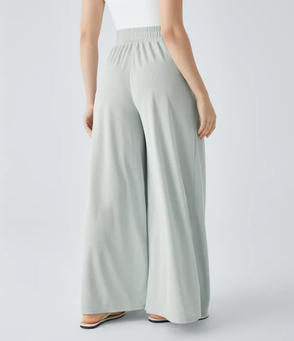 High Waisted Pleated Side Pocket Flowy Wide Leg Palazzo Waffle Casual Pants
