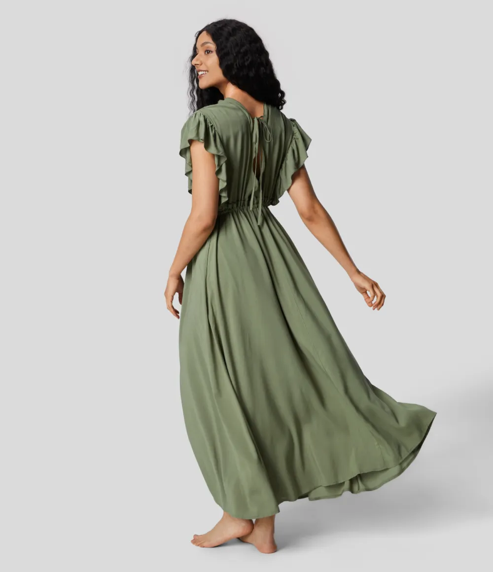 Deep V Neck Butterfly Sleeve Backless Drawstring Button Side Pocket Flowy Maxi Casual Dress