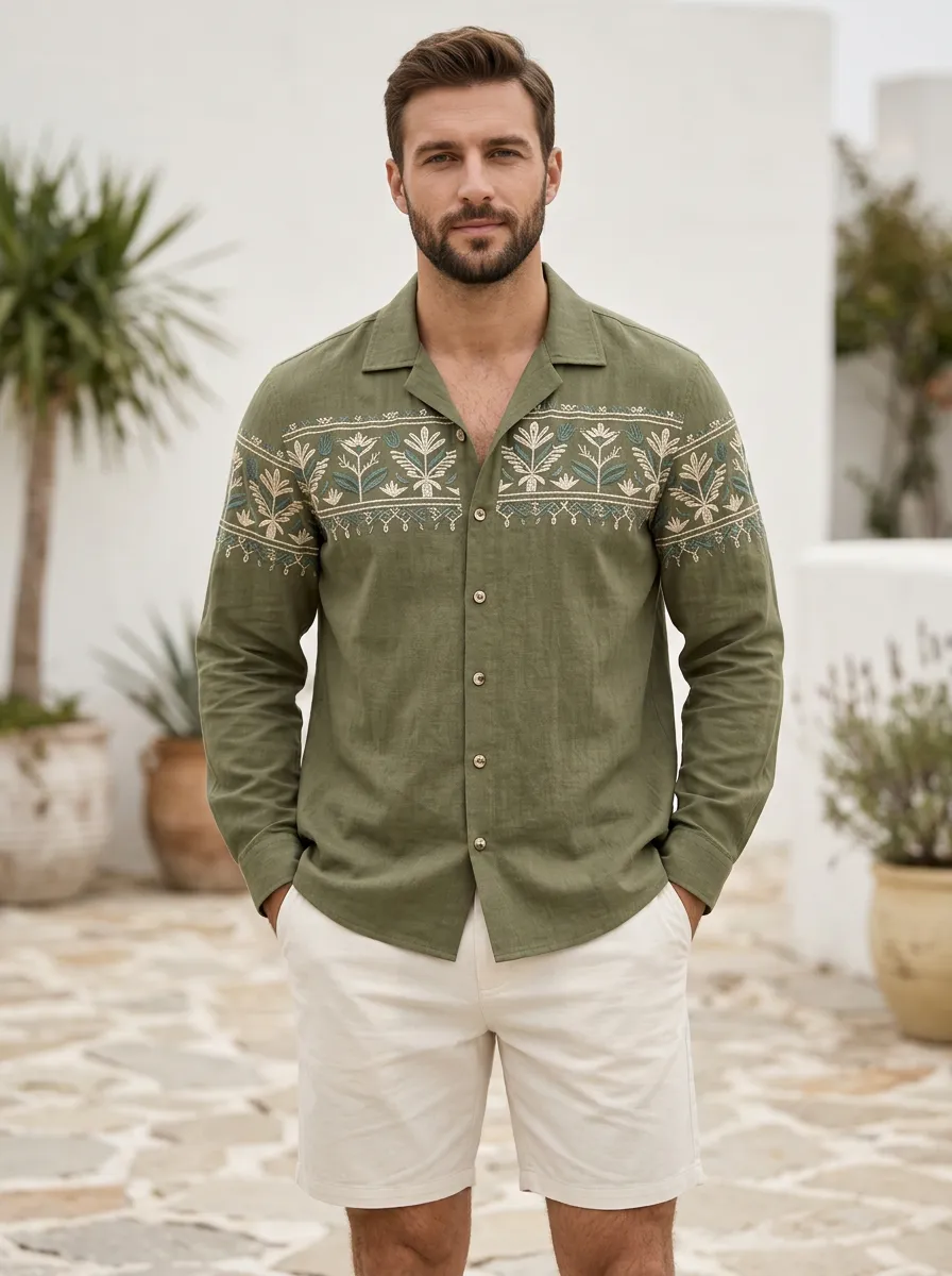 Men's Everyday Floral Boho Embroidered Shirt