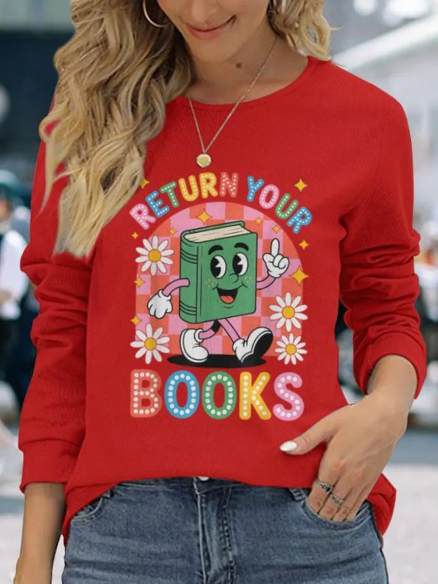 Cartoon Book Round Neck T-Shirt