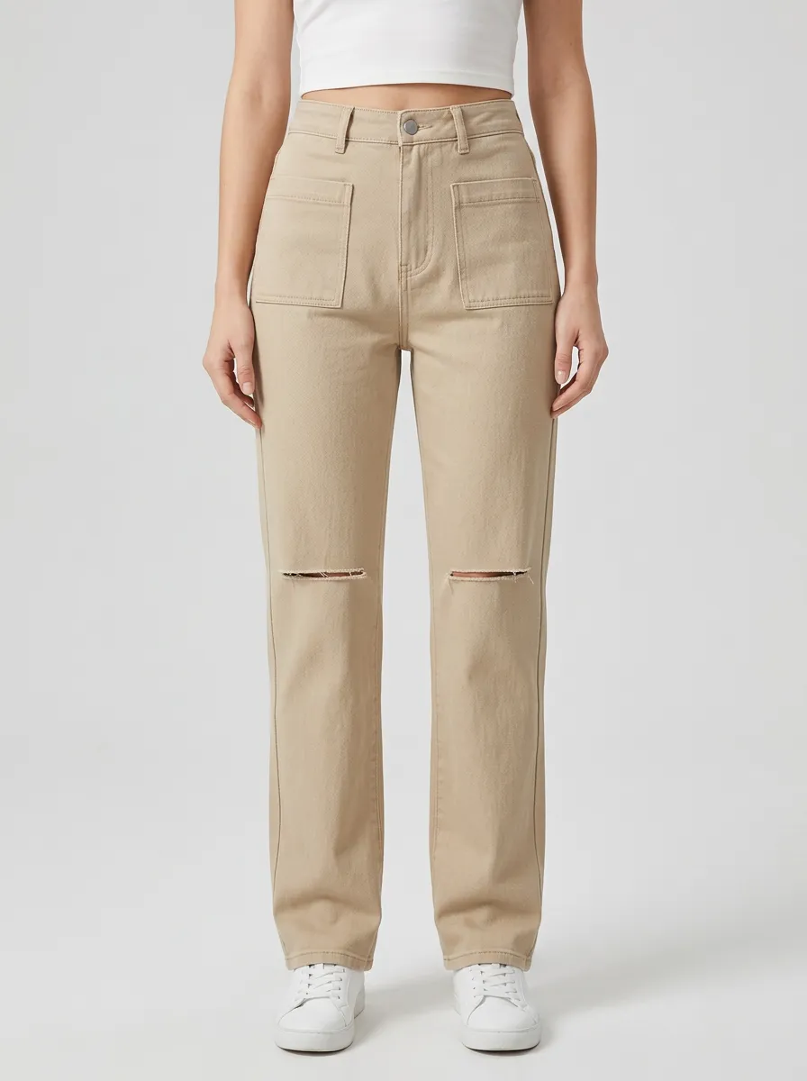 Women's Front Patch-Pocket Knee-Cut High-Rise Straight-Leg Pants